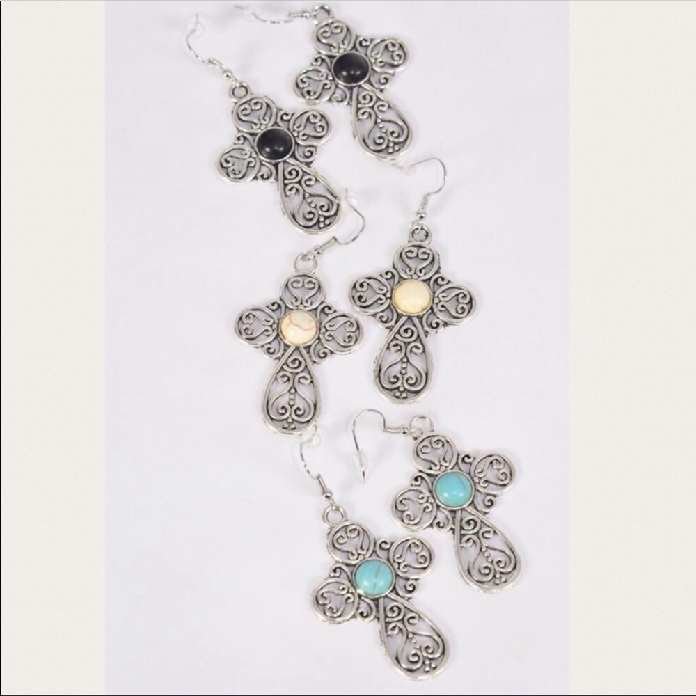 Antique Metal Semiprecious Stone Cross Necklaces